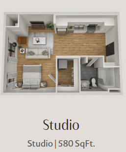 Floor plan for studio, 1 bath, 580 sqft